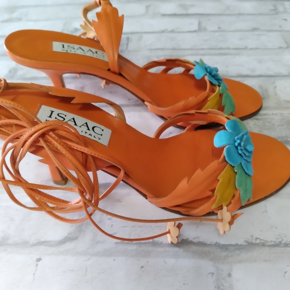 ISAAC Floral Orange Leather Sandals - Picture 3 of 7